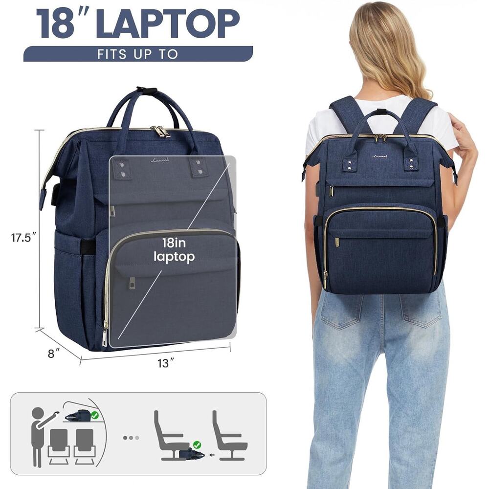 LOVEVOOK Laptop Backpack for Women with Pouch Pocket 18 Inch, Dark Blue - Picture 4 of 5